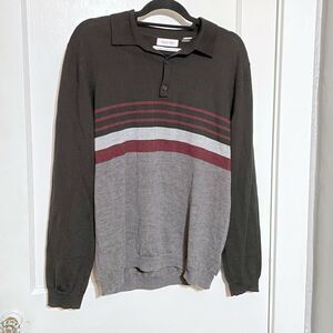 Calvin Klein Mens L Collar Sweater Wool Black Grey Stripe Italian Yarn Pullover